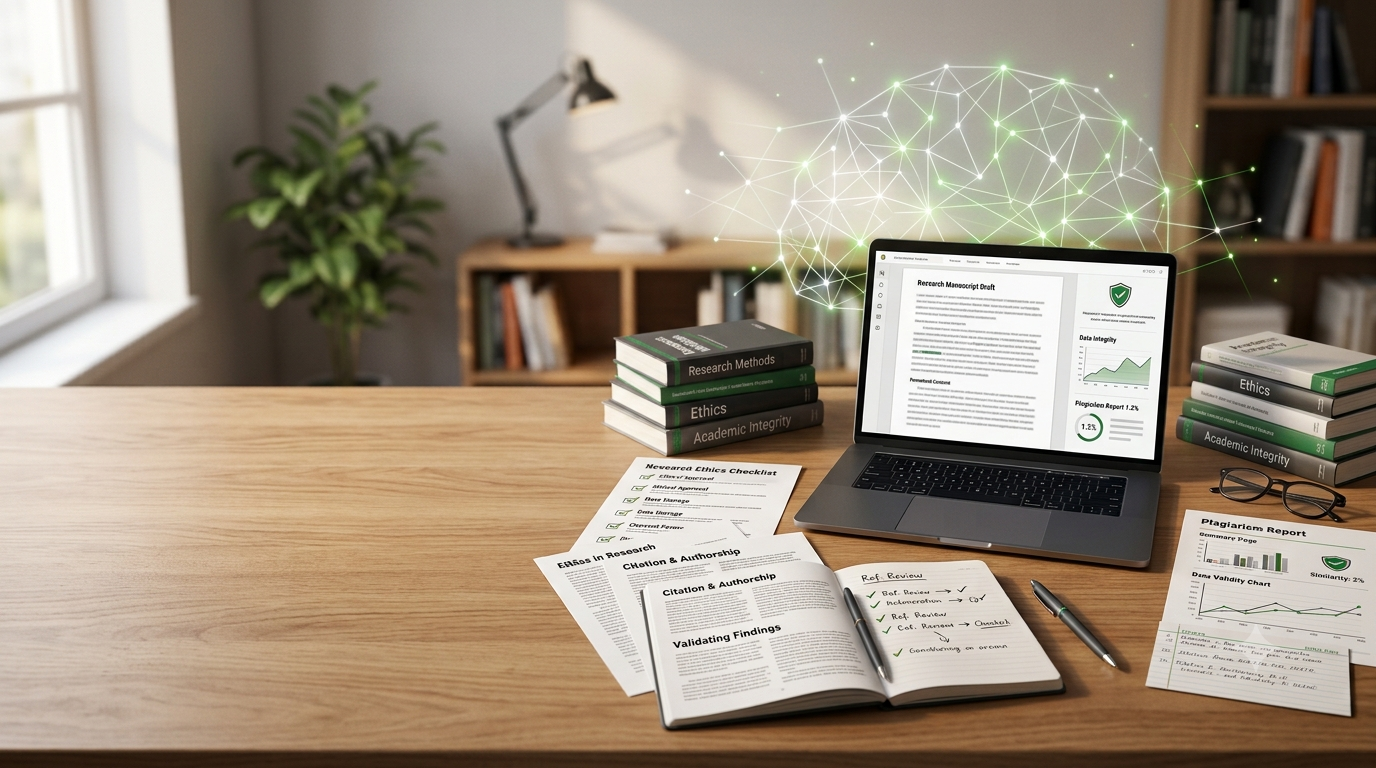 Academic integrity in research concept showing research papers, citations, ethics checklist, and academic writing materials on a professional workspace.