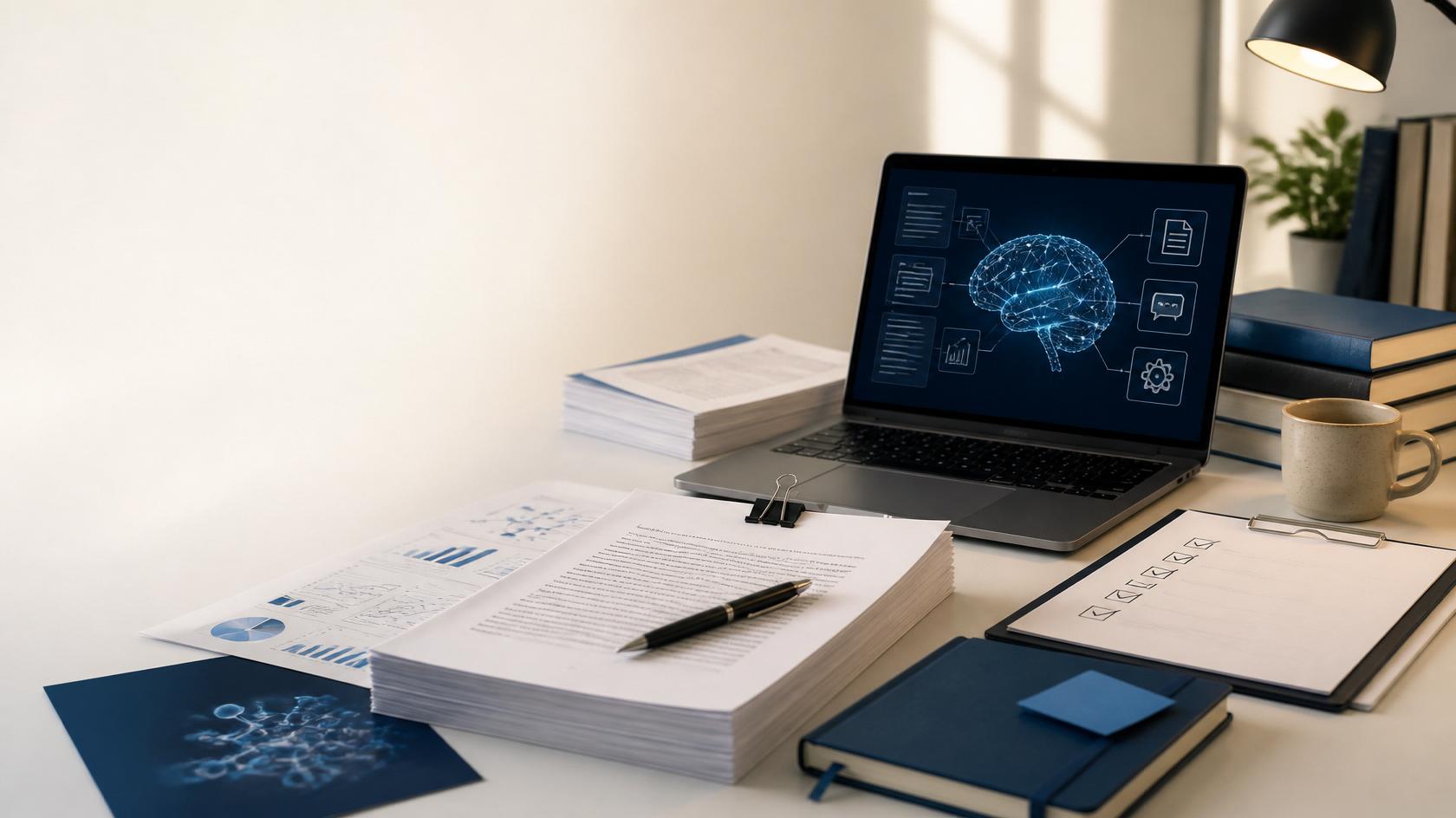 Research paper with AI disclosure and academic publishing documents on a professional workspace.